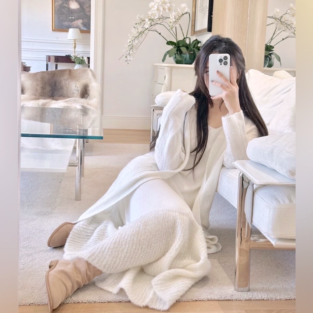 Designer Cream Wool Knit Open-Front Cardigan - Soft Textured Rib Knit